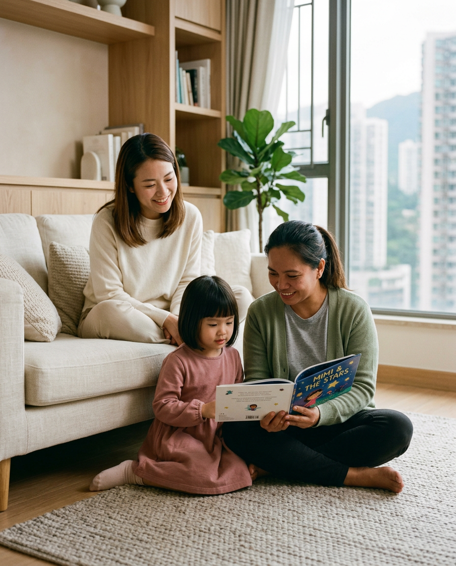 在明亮的香港客廳中,外傭與小女孩一起閱讀圖畫書,媽媽在旁微笑